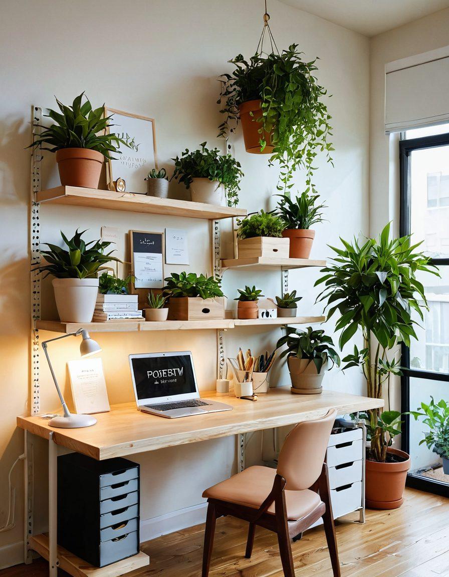 A serene, organized rack system in an aesthetically pleasing workspace, featuring neatly arranged items and colorful labels, surrounded by soft green plants for a touch of nature. A soft, warm light bathes the scene, evoking a sense of calm and productivity. The background should have a hint of a sunny window to symbolize positivity and joy. super-realistic. vibrant colors. soft lighting.