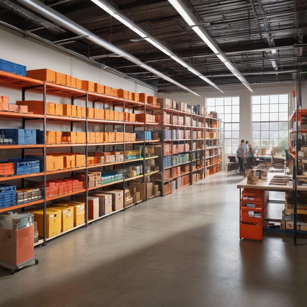 A brightly lit, bustling warehouse interior showcasing innovative rack solutions filled with colorful products, featuring dynamic shelving systems and creative storage solutions. In the background, a diverse team of professionals collaborates, with tools and blueprints spread out. Large windows allow natural light to illuminate the space, enhancing the ecstatic atmosphere. Modern design elements and vibrant colors dominate, creating an inviting and efficient workspace. super-realistic. vibrant colors. 3D.